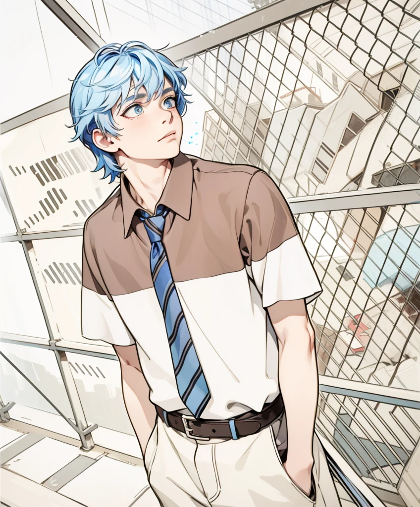 18 year old man in the background there is a city he is on top of his school looking curious and thoughtful the city has blue hair and his eyes are blue