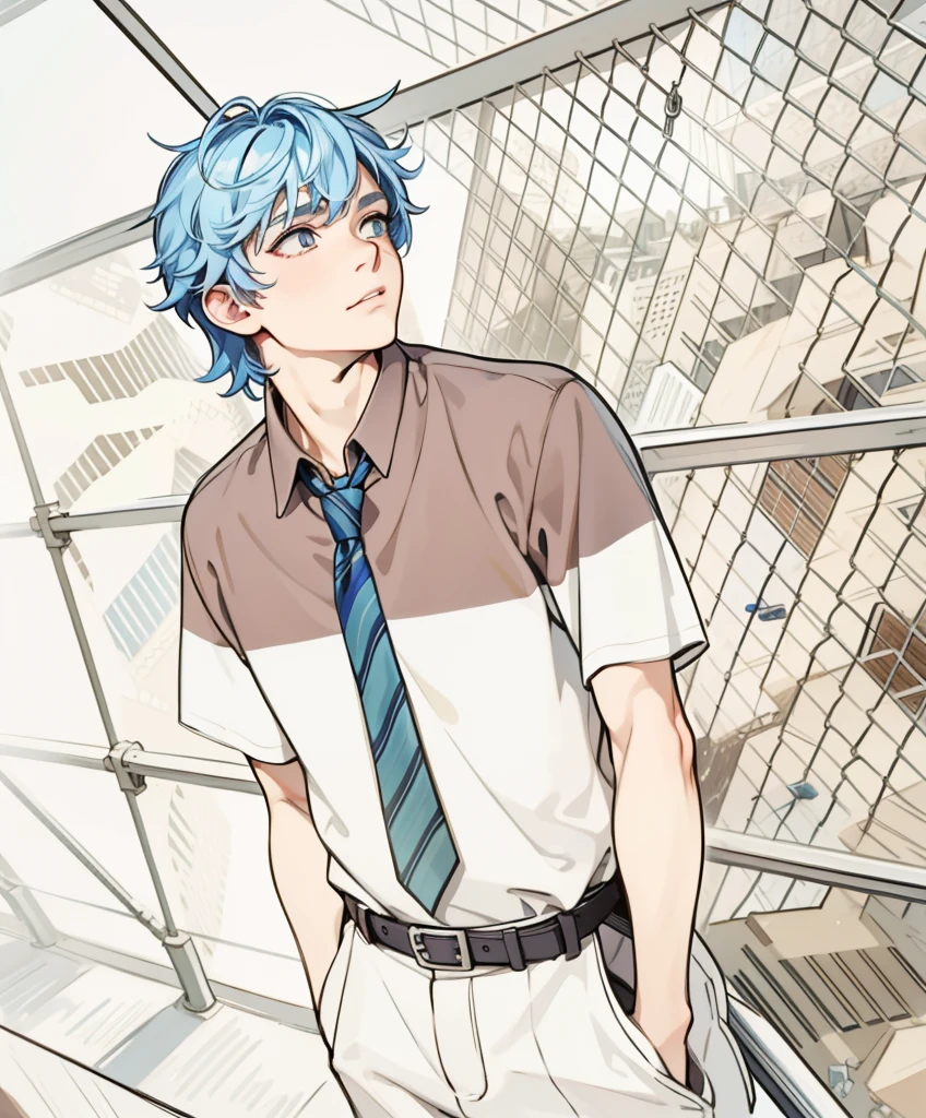 18 year old man in the background there is a city he is on top of his school looking curious and thoughtful the city has blue hair and his eyes are blue