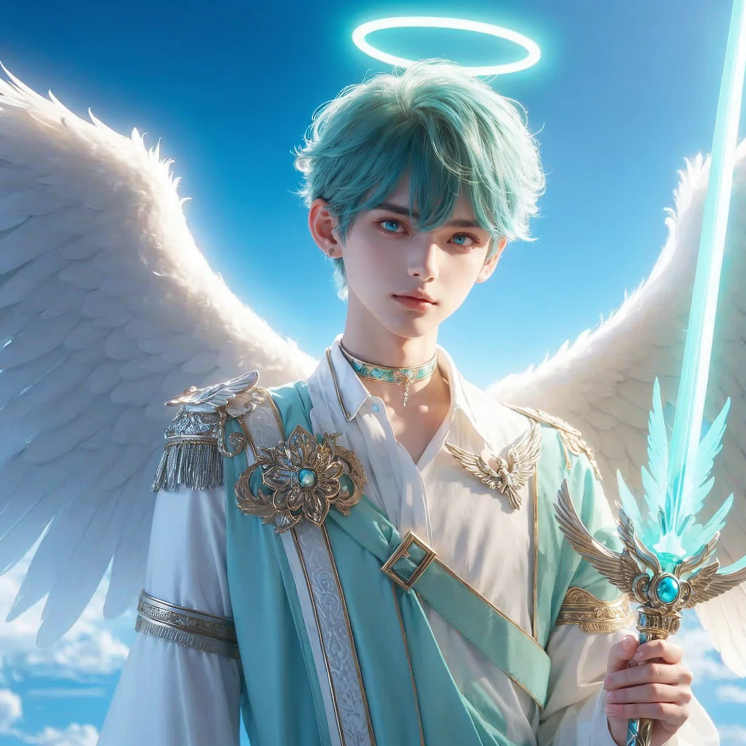 Handsome boy, turquoise hair, turquoise eyes, turquoise halo, turquoise and white suit, white wings, holding turquoise sword