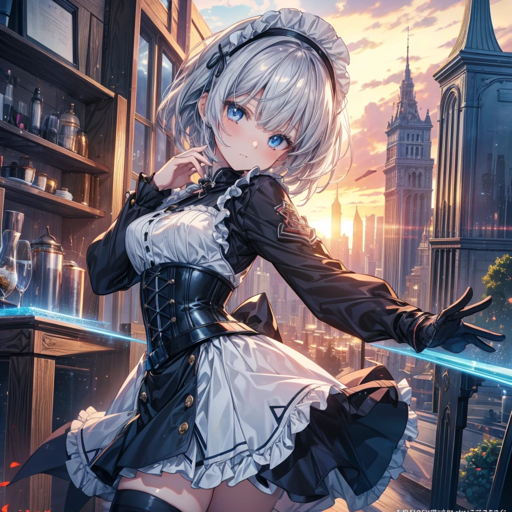 Illustration of one person, Dengeki Bunko, Woman Looking Back, Perfect Human Medicine, Woman keeps falling, {{{{{Maid clothes}}}}},Small Tits,anime, Two legs, Cool,{{{{{50 year old woman}}}}} ,{{{{{a person is depicted}}}}},(Official Art、{{{{{Upper Bodyアングル}}}}},Highest quality、Unity 8k wallpaper、32k、masterpiece、Ultra-detailed、Ultra-high resolution, Realistic、Grab your hair with your hands, Photorealistic:1.2)、(Cinema Lighting:1.2)、,Fire Glow Effect、The most grainy shadows on the film、Rim Light、Side light、Side Shot、(Ultra-detailedで複雑な3Dレンダリング)、Very short hair, Short wolf hair,細部までBeautiful Faceと目、Sharp pupils、Realistic生徒、Slender、Highly detailed background、Beautiful Face、Beautiful 16 year old girl、(Ultra-detailedなスキン、Detailed skin texture:1.Silver Hair:1.3)、Blunt bangs、blue eyes、{{{{{黒いMaid clothes}}}}}、White apron costume、Black knee socks、(Thighs Thighs Thighs Thighs:0.8)、Black Bhutanese sticks and a beautiful sunset、Medieval castle、Dancing on the Tower Roof、(avert your eyes、Overlooking the city:1.3)、Fantastic、Close your mouth and bite, Makes your face smaller, (Tabletop), Highest quality, Perfect Face, 1 Girl, alone, Eye color is light blue, Hair between the eyes, Very Short Hair, blue eyes, Silver Hair, Knee-high boots, corset,Black gloves, Long sleeve, Upper Body,