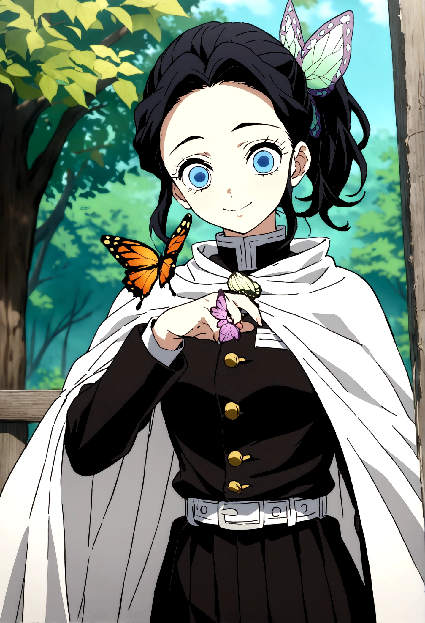 kimetsu no yaiba style, 1girl, butterfly hair ornament, hair ornament, butterfly, bug, demon slayer uniform, solo, blue eyes, side ponytail, butterfly on hand, smile, black hair, white cape, cape, outdoors, bangs, tree, fence, anime coloring,  ((masterpiece)) 