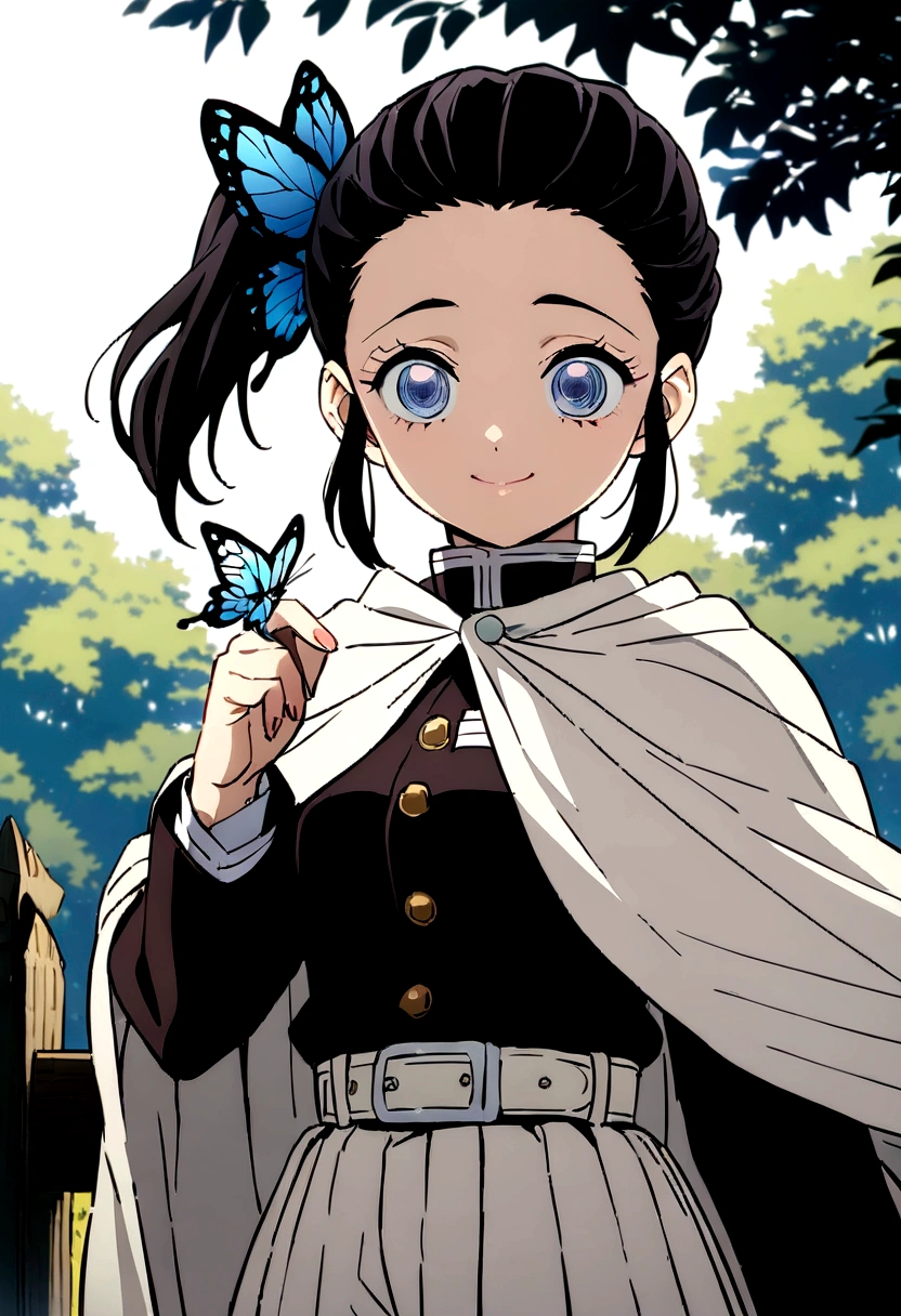 kimetsu no yaiba style, 1girl, butterfly hair ornament, hair ornament, butterfly, bug, demon slayer uniform, solo, blue eyes, side ponytail, butterfly on hand, smile, black hair, white cape, cape, outdoors, bangs, tree, fence, anime coloring, ((masterpiece))