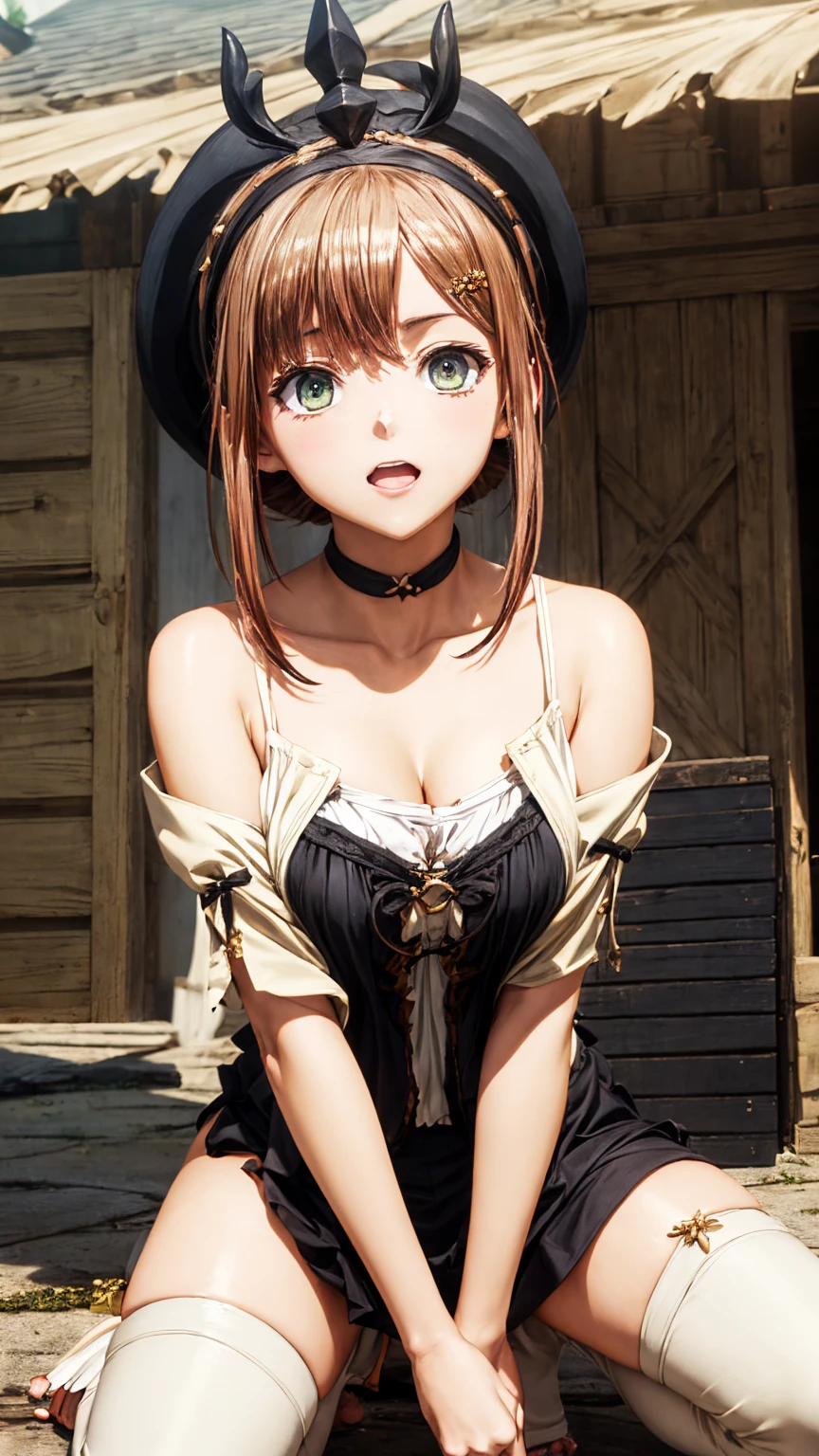woman masturbating、Bare crotch、Crouching、Super detailed、Particles of light:0.5、Beautiful Eyes、Natural Texture、Reisalin "Ryza" Stout (Lizalynn Stout) - Atelier Ryza: Ever Darkness & the Secret Hideout The Animation (Ryza no Atelier: Tokoyami no Joou to Himitsu no Kakurega) (Atelier Ryza ~The Queen of Darkness and her Secret Hideout~) - COMMISSION、、Off the shoulder、sexual temptation、