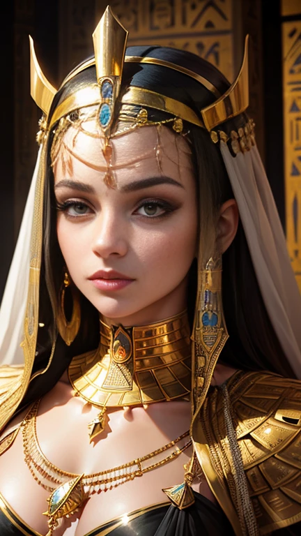 Queen of Egypt, gold jewelry, ancient Egypt, shiny cloth, makeup, masterpiece, Egyptian luxury, portrait of, close-up of, behind the throne room, luxuriously, filigree, cinema, 4K