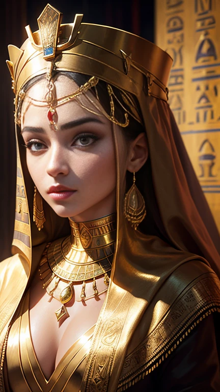 Queen of Egypt, gold jewelry, ancient Egypt, shiny cloth, makeup, masterpiece, Egyptian luxury, portrait of, close-up of, behind the throne room, luxuriously, filigree, cinema, 4K