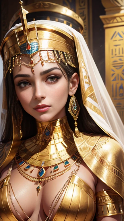 Queen of Egypt, gold jewelry, ancient Egypt, shiny cloth, makeup, masterpiece, Egyptian luxury, portrait of, close-up of, behind the throne room, luxuriously, filigree, cinema, 4K