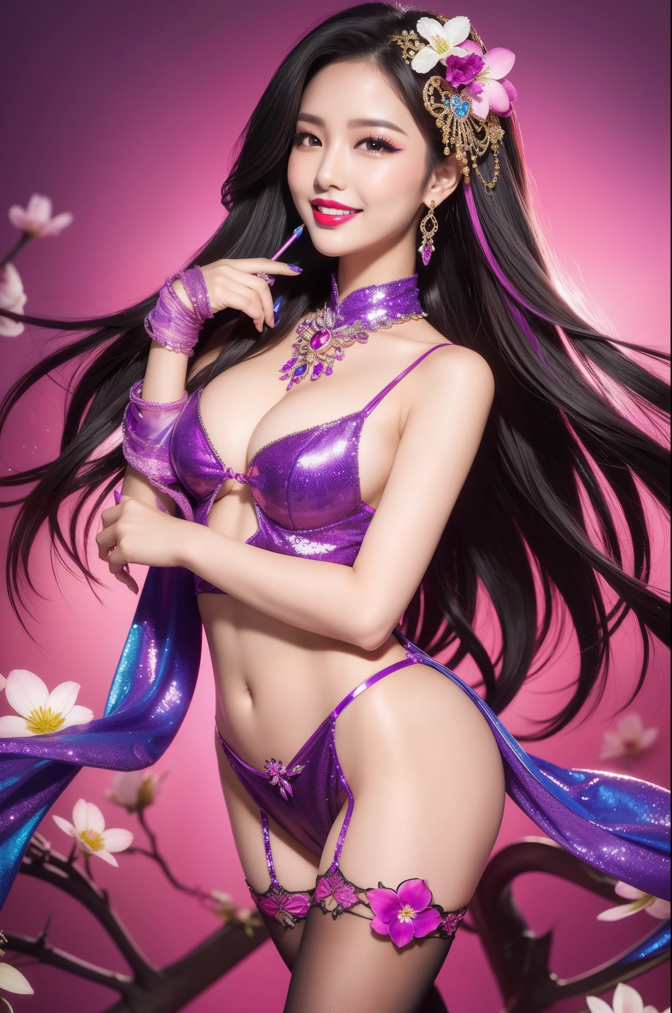 sexy Thai model who controls poison、beautiful smile、lip-gloss、bold lipstick、intense makeup、look at the camera、full body Esbian、、sparkling poisoned flower costume、、、、sparkling Colorful hair、secrete poison、skull hair accessories、sexy tights、shiny sparkling flowers background