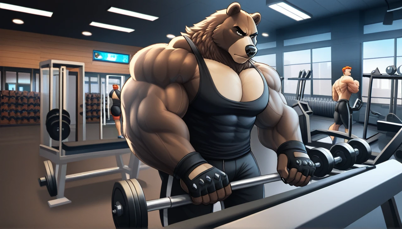 Solo, Grizzly Bear, Huge muscular bodybuilder, black tank top, black gym shoes, pumping iron, (super strong, muscular and pumped) (duo:1.1) (looking at the viewers, serious expression baby)