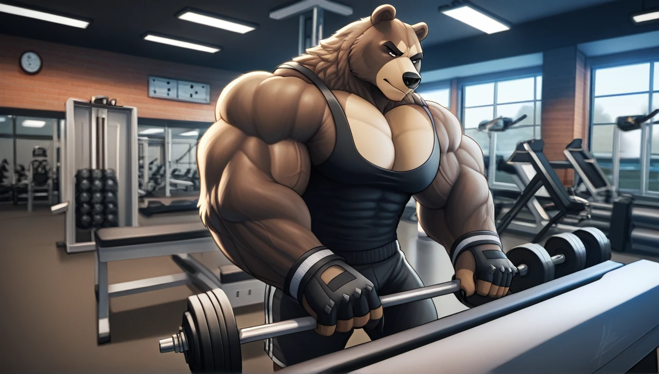 Solo, Grizzly Bear, Huge muscular bodybuilder, black tank top, black gym shoes, pumping iron, (super strong, muscular and pumped) (duo:1.1) (looking at the viewers, serious expression baby)