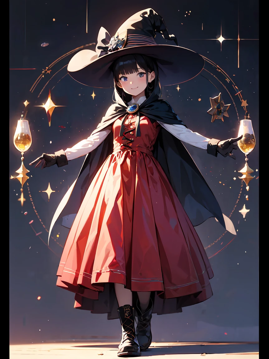 (masterpiece, Highest quality:1.1), (astrologer), upper body, 1 Girl, alone, witch hat, gloves, dress, (Long skirt)、Frills, boots, Cape, witch, Blunt bangs, Black Hair, Crystal Ball, magic circle, Shining Star, meteor, universe, magical energy, Vision of the future, Prophecy,