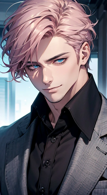 (best quality,4k,8k,highres,masterpiece:1.2),ultra-detailed,(realistic,photorealistic,photo-realistic:1.37),1 man,31 years old,mature man,very handsome,without expression,smile,short grey pink hair,blue eyes,penetrating gaze,perfect face without errors,imposing posture,businessman,office background,cinematic lighting,hdr image