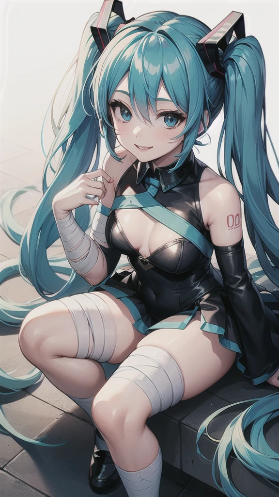 Hatsune Miku smiling, has horns growing from her head, has small breasts, wears a blue dress, has gauze on her left cheek, has three bandages on her right knee, has five bandages on her left thigh, has long mint-colored hair