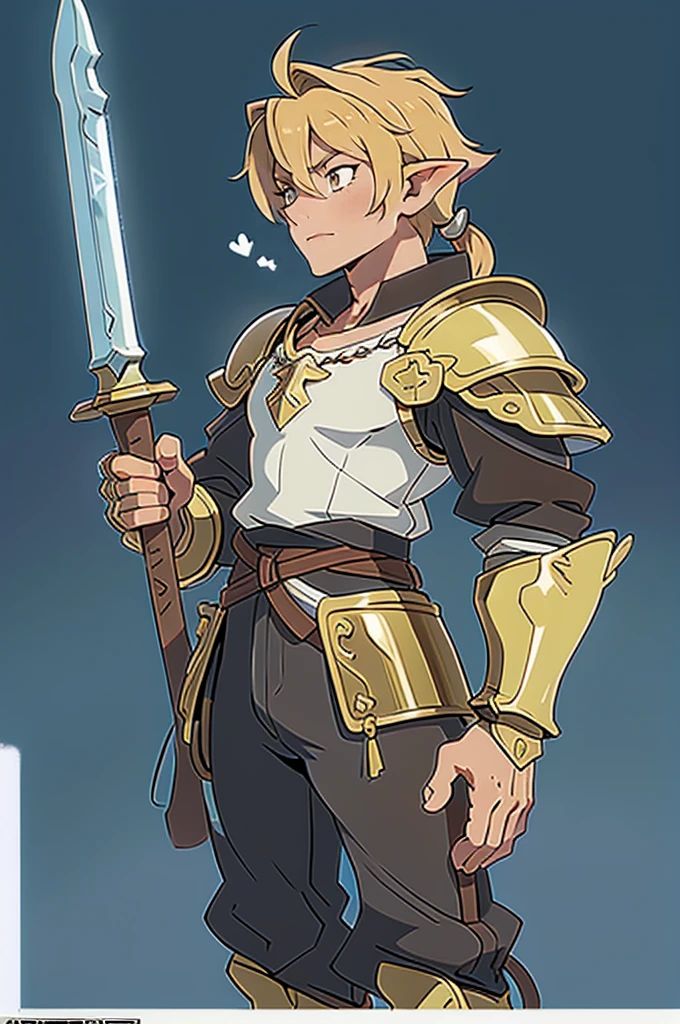 (((Masterpiece of the highest quality.))), (((medieval fantasy))), (((Extreme details))), ((medieval fantasy swordsman)), ((cloud strife)), ((fantasy great sword)) (((ultra detailed))), (((male))), ((Alone)) ((male elf)), ((A 25 year old elf.))), (175 cm tall), ((blonde hair with spikes)), ((short spiky hair)), ((Brown eyes)), ((Exquisite and detailed face)), ((detailed expressive eyes)), ((standing)), ((Perfect eyes)), ((perfect your hands)), ((euphoric expression)), ((medieval half brass half letter armor)), ((holding a huge greatsword in his right hand)), ((detailed great sword)), (((8k))), ((Additional quality)), (Additional details), ((exquisite eyes)), ((standing battle stance)), ((Background of the battle)), ((cinematic lighting)), (((whole body))), ((extreme care to detail)), ((movie effects)), (war zone background)