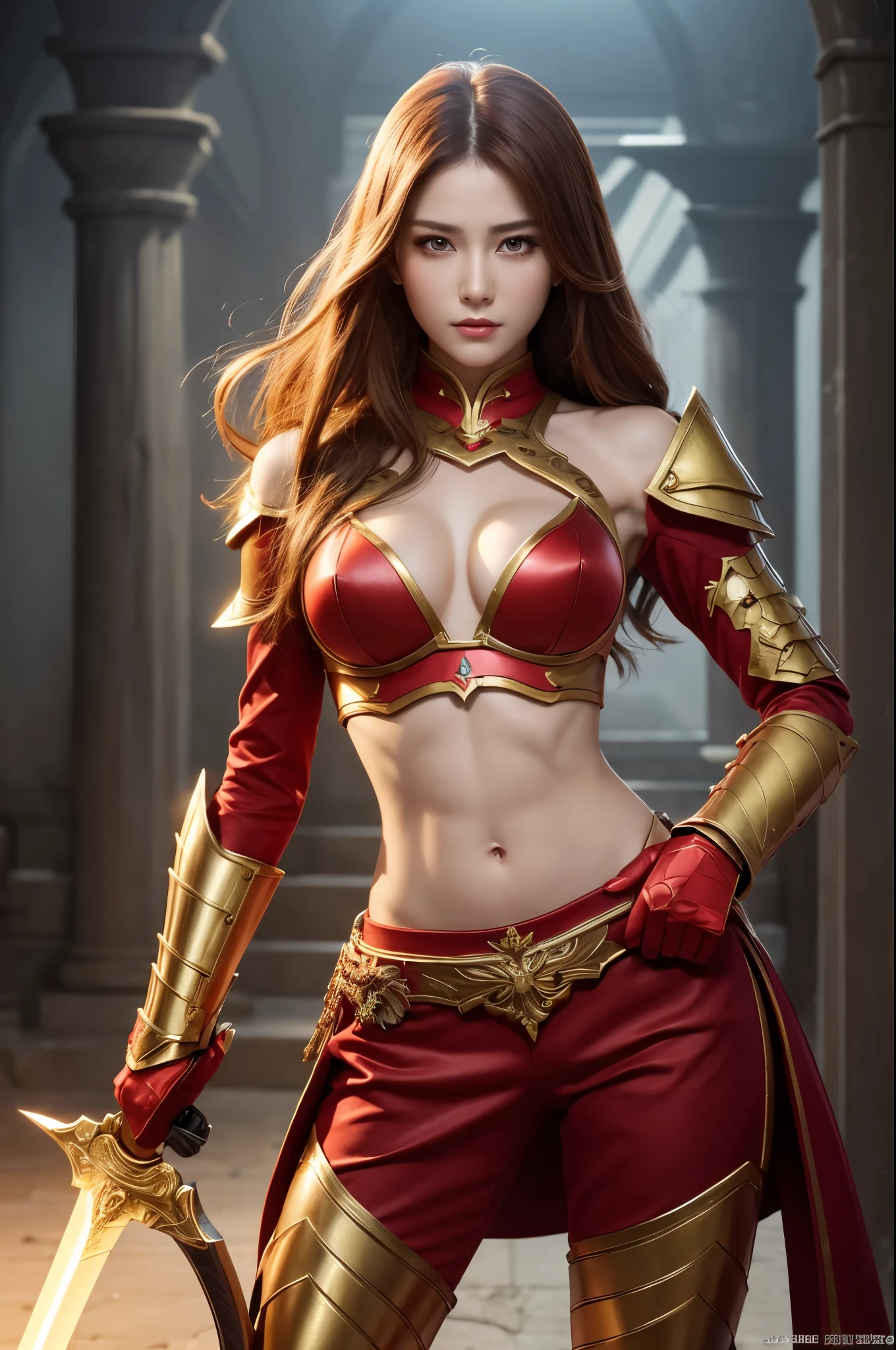 8K,Close-up of a goddess holding a sacred sword, Gorgeous large chest armor, sexy超美人(Like the real thing)Goddess of War,Slender body,Muscular Beauty,Muscular woman,Sharp Eyes,He has a big and gorgeous holy sword.,Beautiful long red hair,Strongly defined abdominal muscles,sexy,Highly detailed artwork, Alexandra Fomina Art Station, 2. 5d cgi anime Fantasy artwork, Woman in red armor, Armor Girl, Fan Art Best Art Station, Amazing character art, Kschat Krentz Key Art Feminine, Ultra-high resolution,Luxury Red Large Mist Chest Armor,Luxury red combat pants,gorgeous red gauntlet,Luxury red shoulder pad,luxurious red waist armor,Fantasy art,Extremely strong and defined abs,Slim, muscular legs,Very large breasts,Fighting Pose,Dynamic pose with sword,shout,anger,anger,Golden Hair Ornament,French female goddess,Golden Eyes,Makeup,