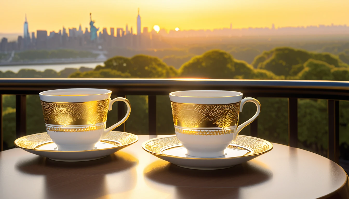 Porcelain cups with intricate gold designs, set on matching plates. The cup and saucer are placed on a table near the balcony railing, with America in the background in the warm light of the rising sun. The state of liberty stands majestically in the distance, and the scene is framed by the early morning. ultra realistic, ultra hd, 8k, photography
