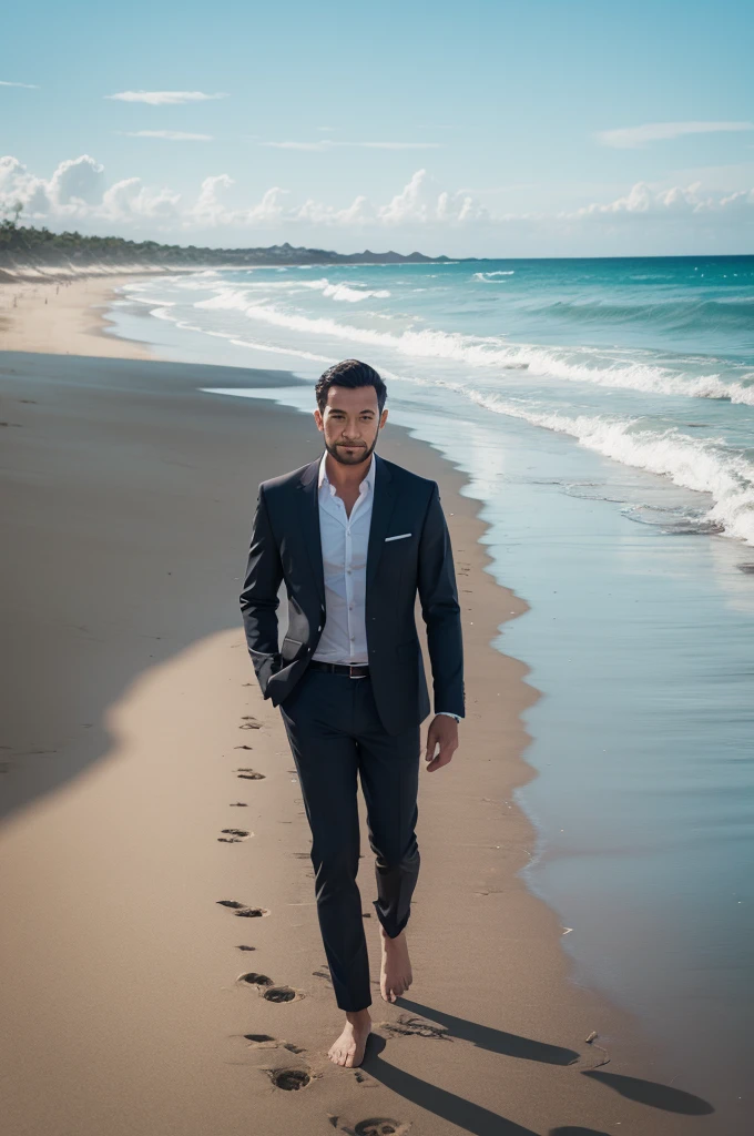Create a man walking on the beach