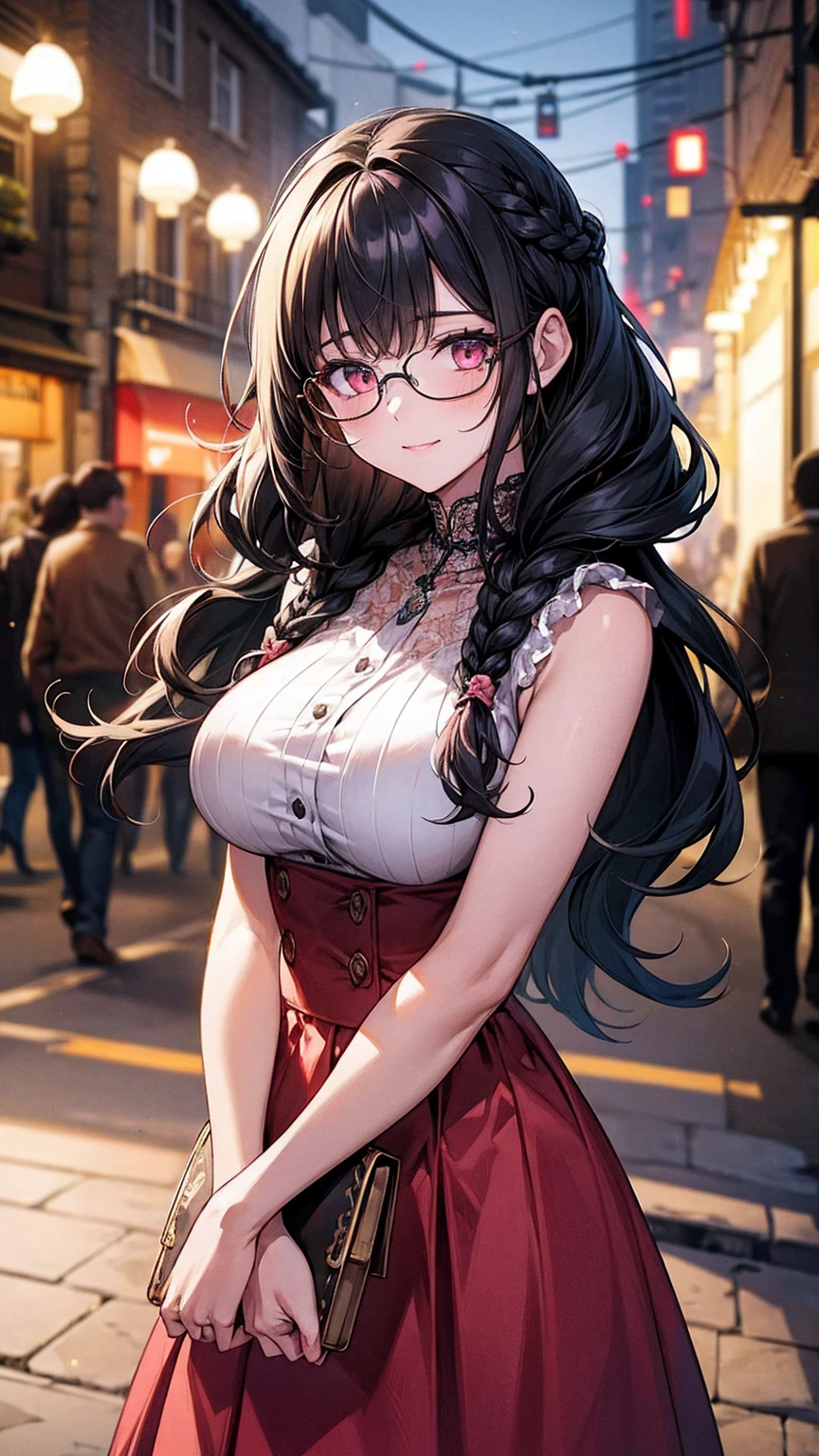 (best quality, Masterpiece), 1 girl, The sun shines, In the building, black hair, Beautiful long hair, braid, pink eyes, glasses, cute, Bright face, Good mood, big breasts, Beautiful fashion outfit for a date, shy, 1 woman, young girl, (Goosebumps:0.7), Beautiful face, (shyไลเนอร์, lipstick:0.9), nighttime, street lights, fall, 4K, 8K, UHD, HDR, detailed background, background