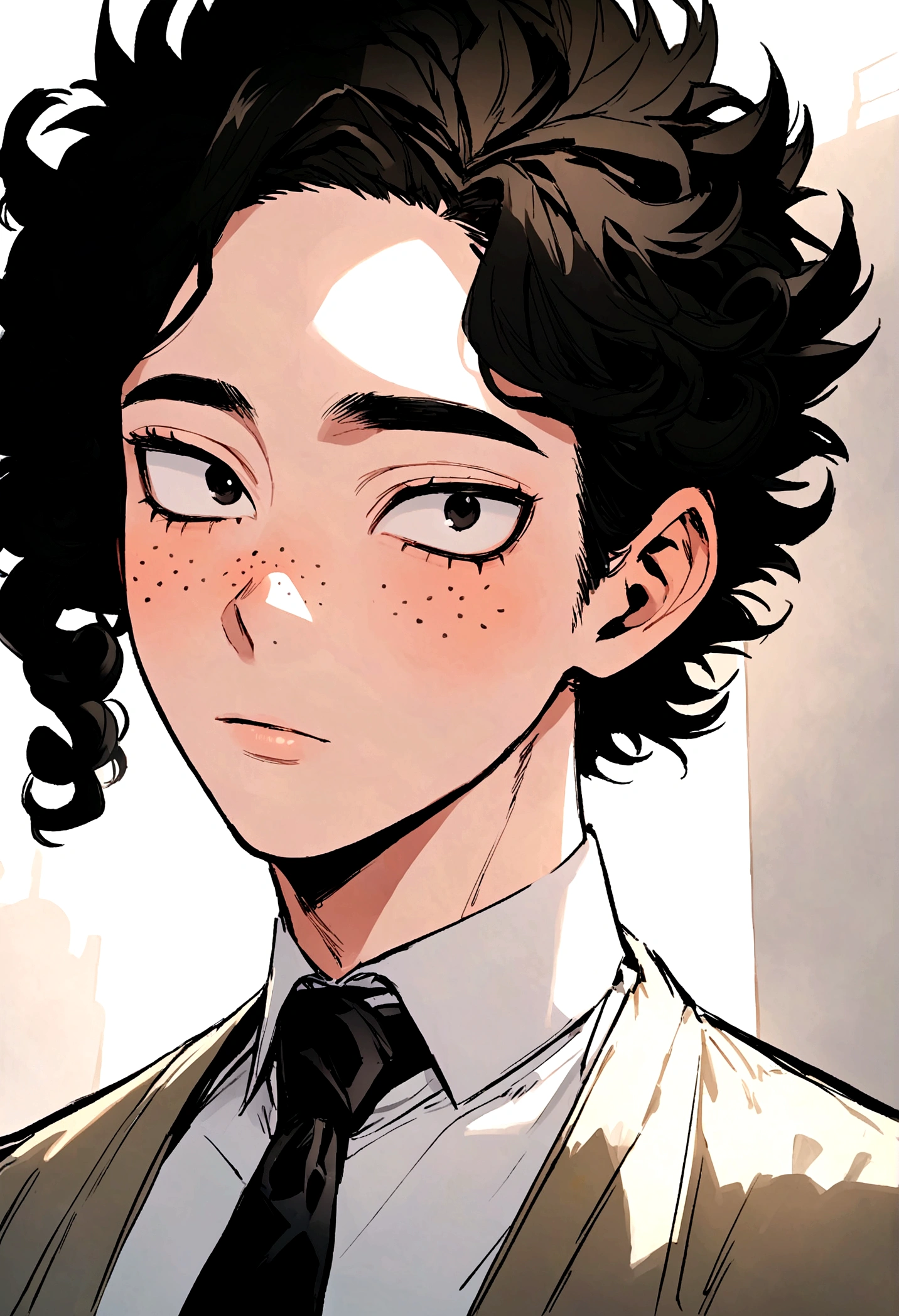 My hero academia, feminine male with curly black hair and black eyes with freckles