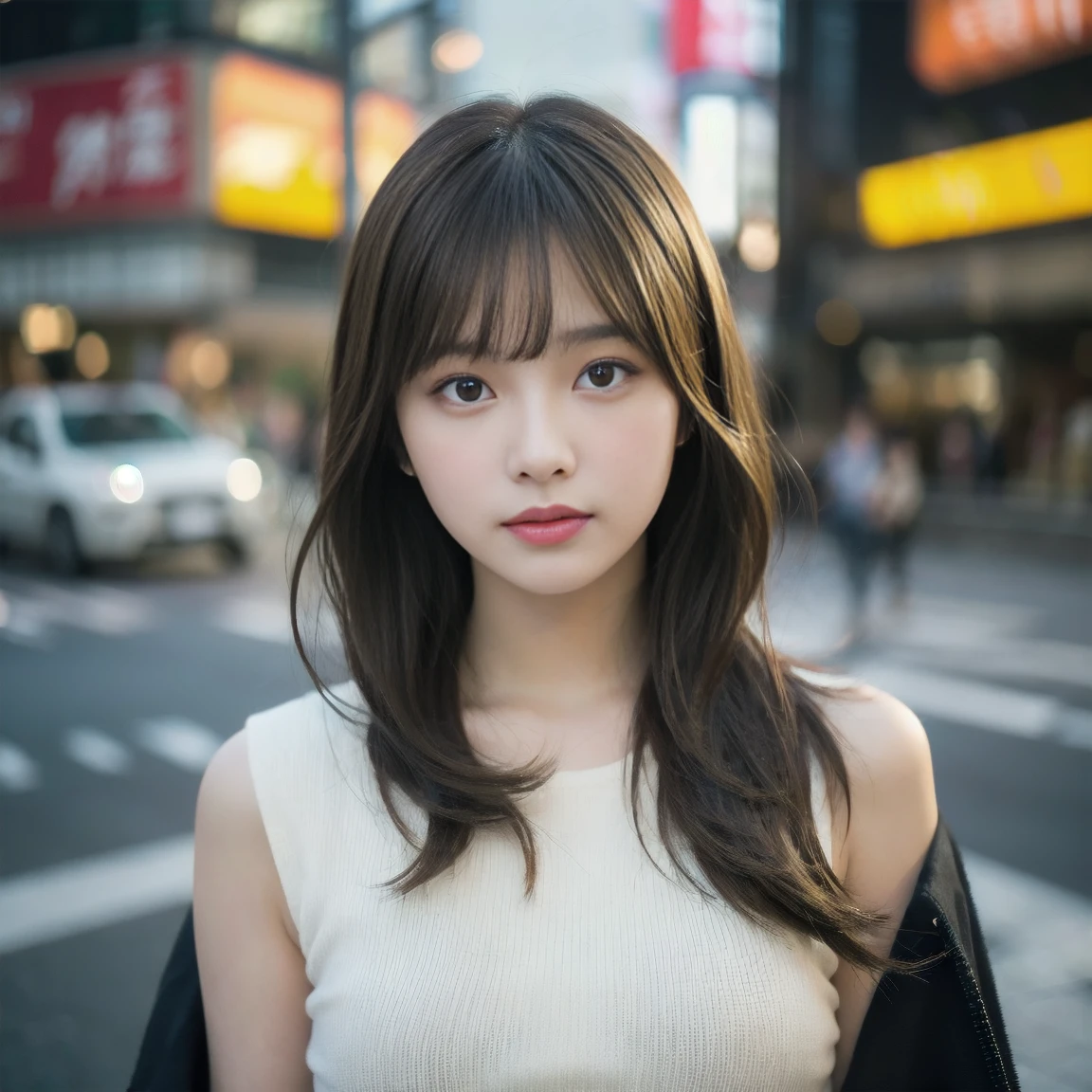 Ultra-high resolution, Superior Quality, Highest quality, Very detailed, Realistic, 8K, RAW Photos, Highest quality, masterpiece, Attractive girl, Awesome girl, Brown Hair, Shoulder-length layers, Asymmetrical bangs, K-POPアイドル, Sophisticated, stylish, White knit, Shibuya Ward,
