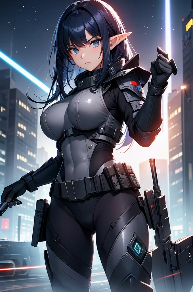 Create high quality images featuring an elf girl with dark navy blue hair and straight bangs。She is a member of the police special forces.。Aggressive pose。Aggressive facial expression。Have a lightsaber。In the background is the city inside the dome。 Next to her is a black armored vehicle.。