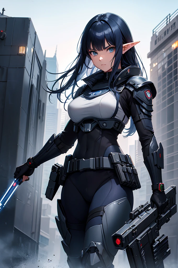 Create high quality images featuring an elf girl with dark navy blue hair and straight bangs。She is a member of the police special forces.。Aggressive pose。Aggressive facial expression。Have a lightsaber。In the background is the city inside the dome。 Next to her is a black armored vehicle.。