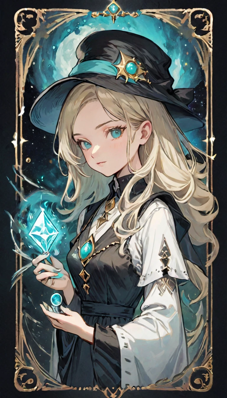 White shirt、Realistic textured skin、Ash Blonde、1 strand of hair、Side Tail、Turquoise Eyes、16 years old、tarot card divination:1.37、Close-up of a woman in dress and hat holding tarot cards:1.37, Beautiful Celestial Magician, portrait of a Female Wizard, Female Wizard, Mechanized Witch&#39;s Little Wizard!, Female Wizard, dark witch character, magician magic witch, Black-haired wizard, Dark Sorceress Full View, Astral Witch Outfit, Dark magician full body pose、