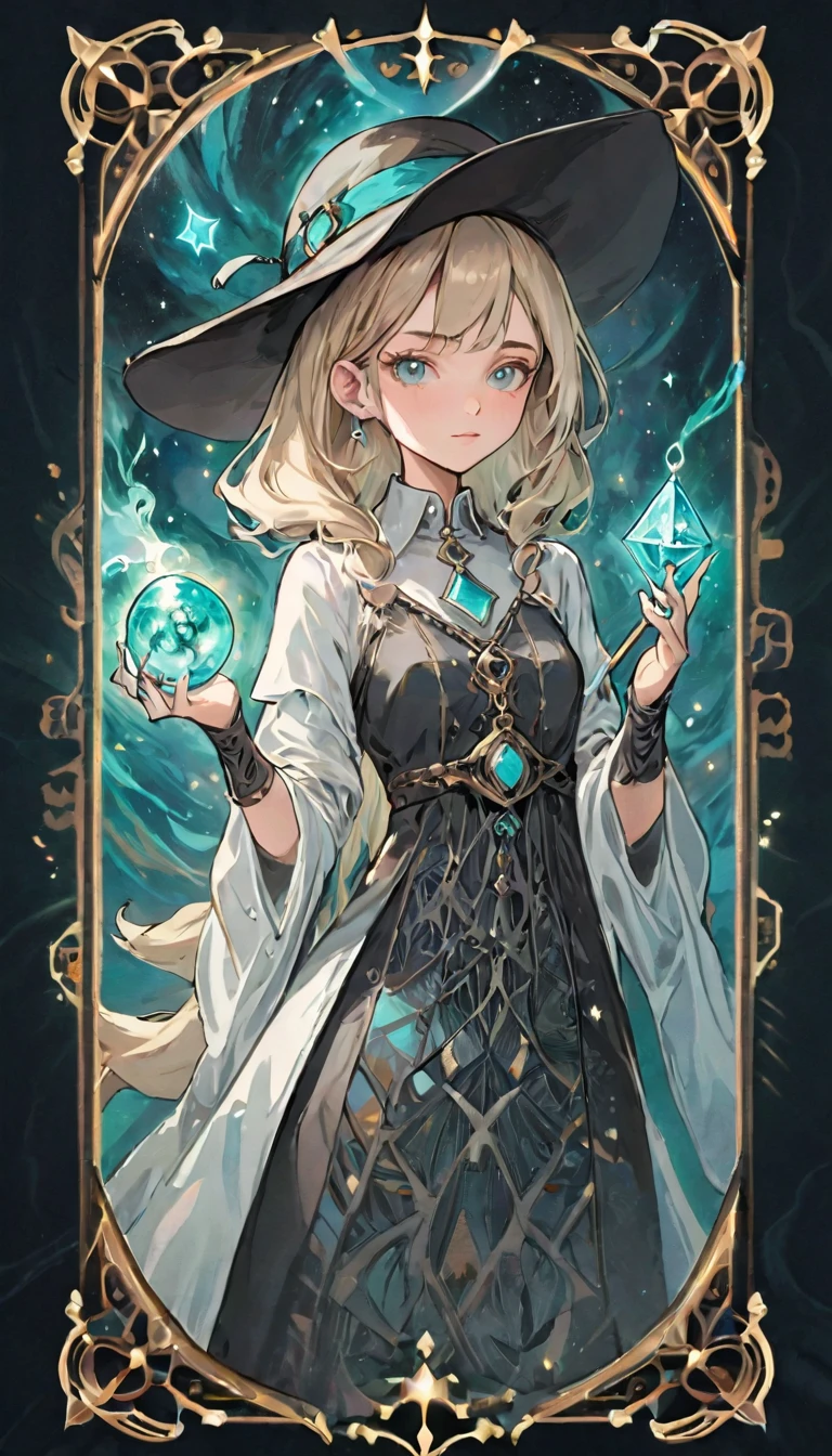 White shirt、Realistic textured skin、Ash Blonde、1 strand of hair、Side Tail、Turquoise Eyes、16 years old、tarot card divination:1.37、Close-up of a woman in dress and hat holding tarot cards:1.37, Beautiful Celestial Magician, portrait of a Female Wizard, Female Wizard, Mechanized Witch&#39;s Little Wizard!, Female Wizard, dark witch character, magician magic witch, Black-haired wizard, Dark Sorceress Full View, Astral Witch Outfit, Dark magician full body pose、