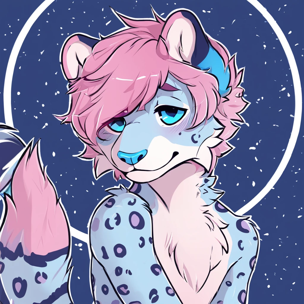 adult, feline, mammal, anthro, anthropomorphic, snow_leopard, striped, fur, striped_feline, fur, furred_anthro, femboy, male, light_pink, purple_hair, pink_hair fluffy, long_tail, blue_nose, expressive eyes, feline_ears, pink_hair, blue_fur, light_blue_chest, shy, small_pupils, spotted_pattern, stripes, digital_art, high_resolution, high_res, hand-drawn, pencil_lines, head_visible, background, neck_visible, seductive_face, blue_galaxy_background, white_outline, detailed_line_work, profile_picture, head_visible,