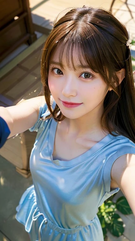 8ｋ,Highest quality,masterpiece, Sharp focus, (beautiful, Gorgeous and cute Japanese 20 year old woman:1.3),((Comfortable loungewear)),繊細でbeautiful細い眉毛,beautiful woman, 繊細でbeautiful髪, Droopy eyes, Very detailed, 超beautiful女性, (Side light:1.2), Brown hair detail、(Selfie, Top View: 2.0), (Half of the body is straight: 1.4)、Tie up your hair、Her House、（Face Zoom:3.0）、Laughing with loose teeth、（front:1.5）