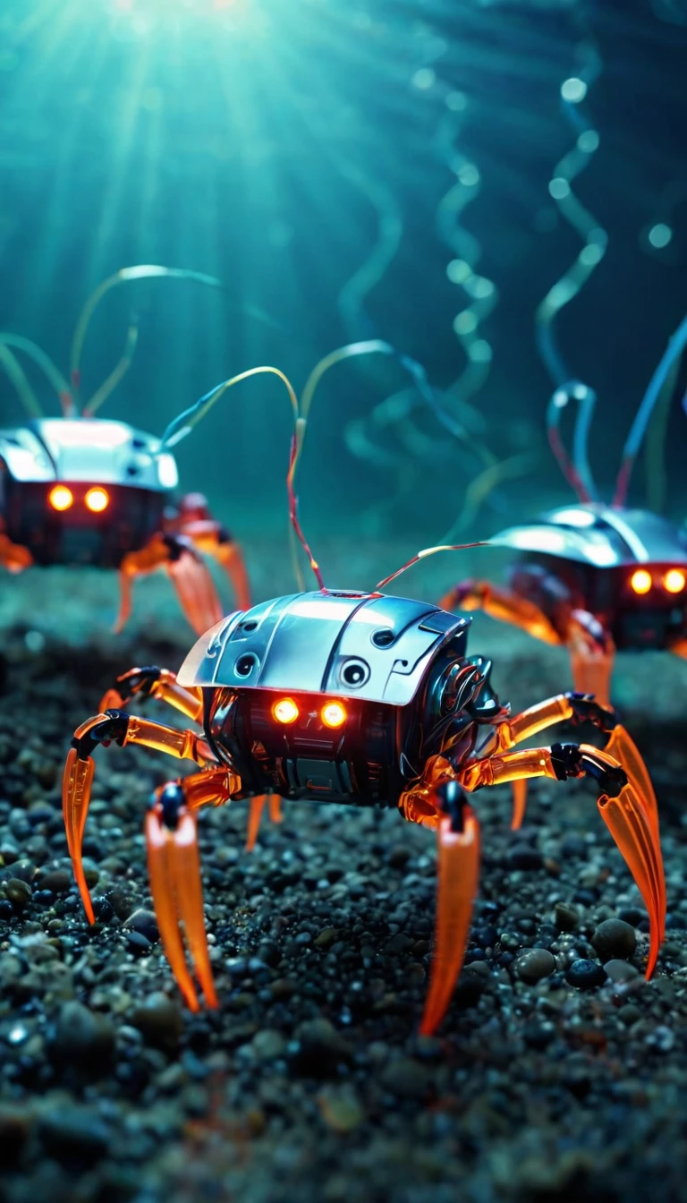A row of robot crabs on the ocean floor Translucent movie stills (Cybernetic robot crab 1.5), (Glowing Veins:1.3) (The cable enters the body, circuit:1.3), Very detailed, Vignette, Very detailed, High budget, Bokeh, Sulky, amazing, nice, Film Grain, granular