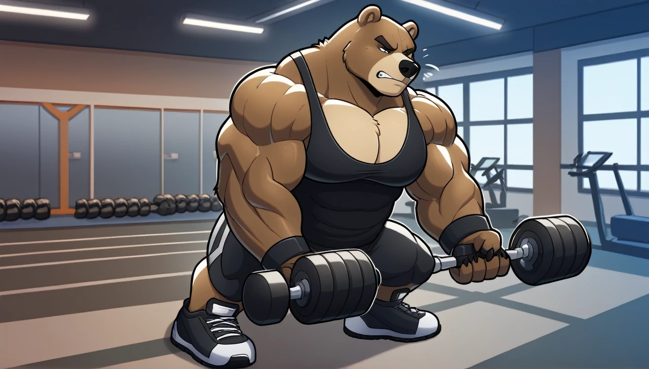 Solo, Grizzly Bear, Huge muscular bodybuilder, black tank top, black gym shoes, pumping iron, (super strong, muscular and pumped) (duo:1.1) (looking at the viewers, serious expression baby)