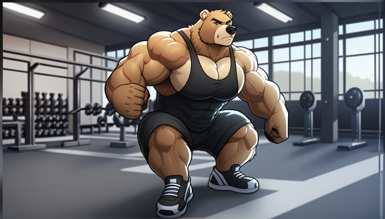 Solo, Grizzly Bear, Huge muscular bodybuilder, black tank top, black gym shoes, pumping iron, (super strong, muscular and pumped) (duo:1.1) (looking at the viewers, serious expression baby)