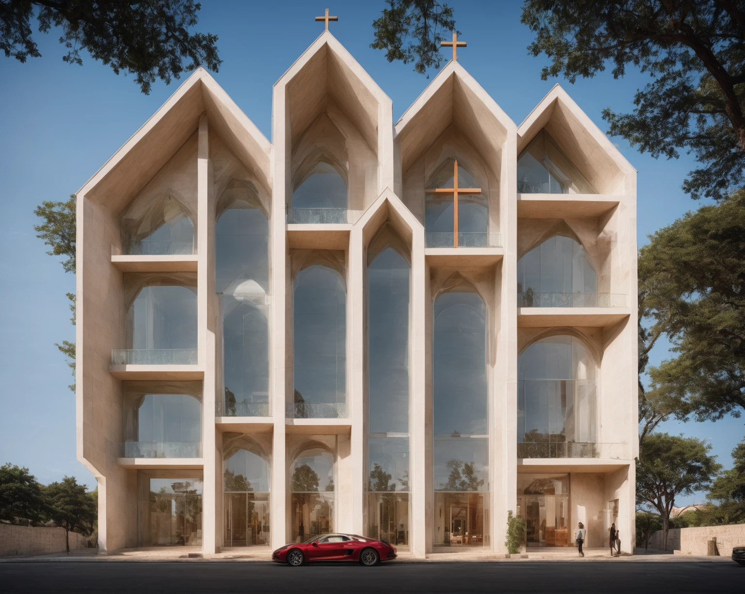 raw photo, best quality, ultra realistic, masterpiece, best quality skin, photography hd, dslr,
tcs, httlvn, modern church, road, people, house, facade design, outdoors, church, white walls, cross on top, 
Dusk, sunshine, 
View from a tree, dof view, 