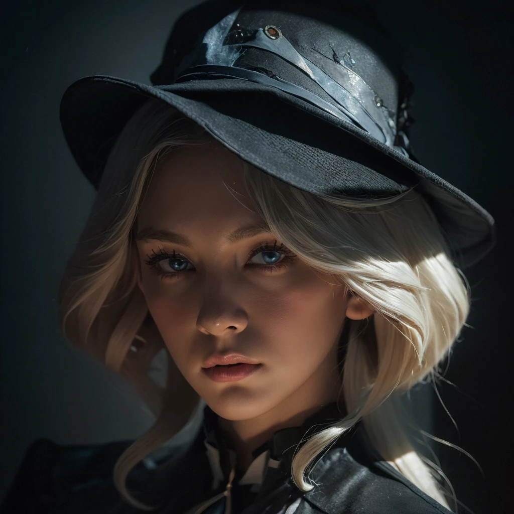 (in the dark:1.6), Hyperrealist portrait of female by david hockney and alphonse mucha,fantasy art, photo realistic, dynamic lighting, artstation, poster, volumetric lighting, very detailed faces, 4 k, award winning,, 1girl, in the dark, deep shadow, low key,cowboy shot,(official clothing:1.4) ,long hair,white hair,