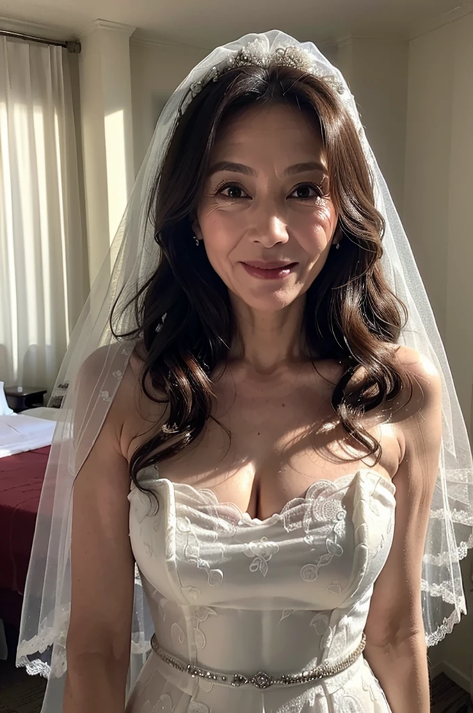 (masterpiece:1.4),(62-year-old woman:1.5),beautiful Mature Woman, (facial wrinkles : 1.2), smile, (long wavy hair : 1.1), (white wedding dress), (partially see-through dress), wedding veil, lace fabric, pores, dull skin, skin blemishes, fleckled skin, gorgeous hotel room, detailed background