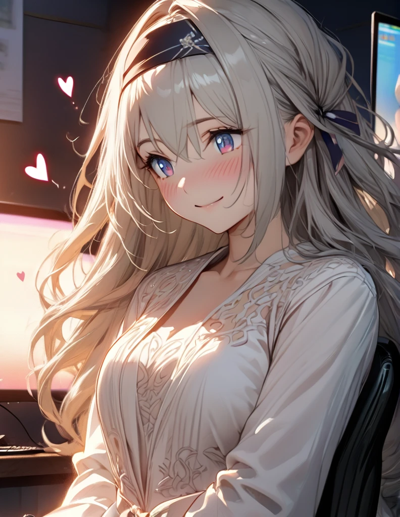 beautiful girl, long grey hair, beautiful face,smiling,close up to hips, beautiful breast, sitting on office chair, looking at monitor,illustration,detailed textures(realists),ultra-detailed,portrait style,vivid colors,soft lighting, blushing, mature, hair fluttering, evening light , head band, ((half body)), wearing simple shirts , perky. ((side profile until hips)), very shy, Couple, wedding style, Wedding dress, White Tuxedo, love confession, heart, pink, magic, kissing,