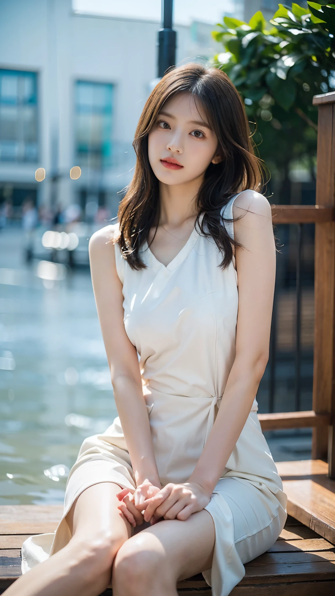 (8K、RAW photography、Highest quality、masterpiece:1.2)、(Realistic、Photorealistic:1.37)、Ultra-high resolution、One Girl、cute、solo, Browsing Caution,Highest quality,masterpiece,8K,Droopy eyes,Big Breasts,Beautiful breasts, Seaside, Are standing, Highly detailed face, Highly detailed lips, Fine grain, double eyelid, Exquisite detail and subtle sparkle, Photograph her in poses that reflect both grace and confidence, Enhance visual effects with cinema lighting. Use modern 2D design for the background, Create beautiful, balanced compositions. Enhance the scene with elements such as depth of field, bloom effect, And a touch of sparkle, Add a dreamy texture to the overall image. Pay close attention to detail