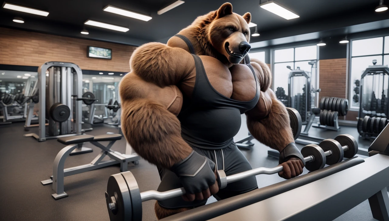 Solo, Grizzly Bear, Huge muscular bodybuilder, black tank top, black gym shoes, pumping iron, (super strong, muscular and pumped) (duo:1.1) (looking at the viewers, serious expression baby)