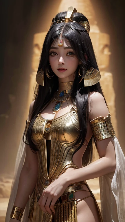 Standing in an ancient Egyptian cave、Blowing hair 、 ((highest quality、masterpiece、8k、Best image quality、Ultra-high resolution、Award-winning works)、(Accurate ???????:1.1)、(Look at me and smile:1.0)、Shining fair skin with Ultra-high resolution、The most detailed face、Ultra-high resolution detailed face、Ultra-high resolutionの髪の毛、(Ultra-high resolution eye:1.1)、Beautiful face drawn in every detail、Ancient Egyptian costumes, Chest to chest, Dark atmosphere,Dark Light, Ancient Egyptian makeup,