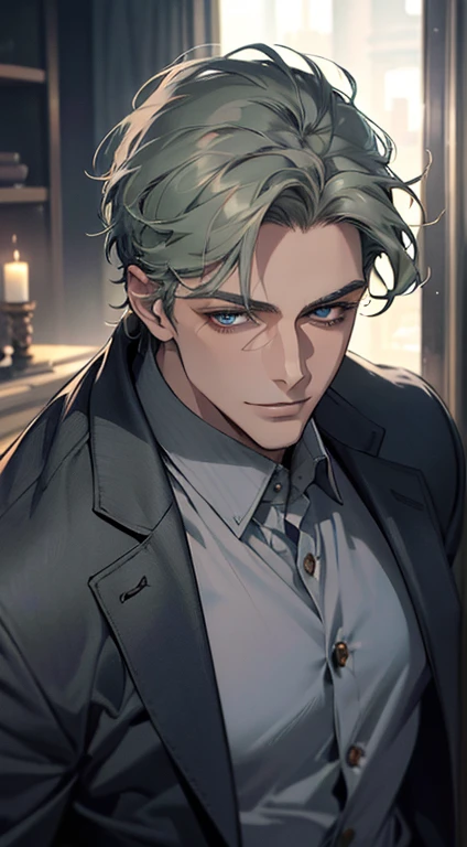 (best quality, masterpiece, 8K, photorealistic, cinematic lighting, 1:4 hdr image, top view, ultra detailed, beautiful image), a mature man, very handsome, short grey green hair, blue eyes, perfect face without errors , ((buttoning his jacket, CEO)), smile in love.