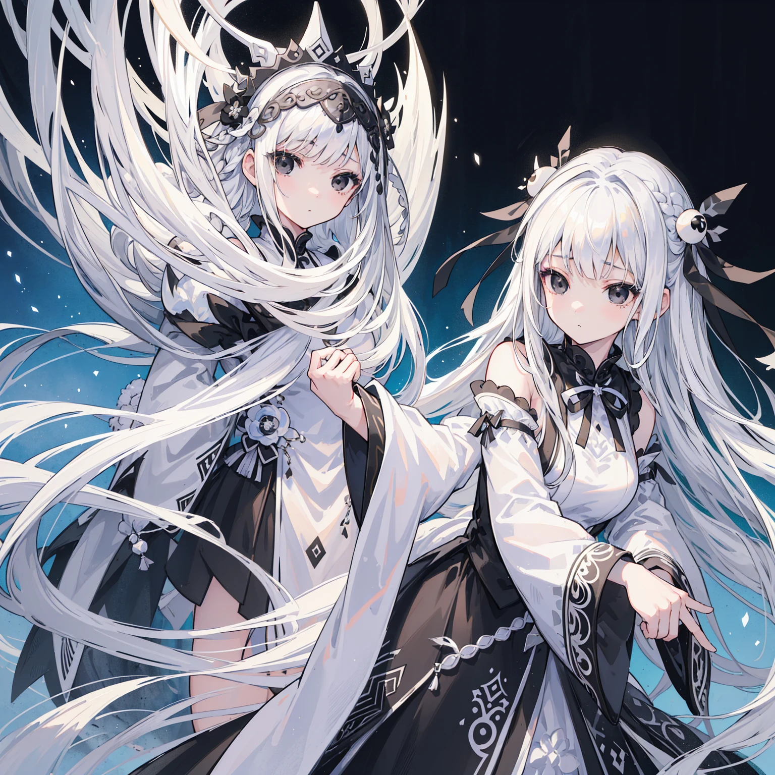 (Top image quality)、(Very detailed)、(Facing forward)、Top quality、masterpiece、(((1 名girl )))、girl、Silver Hair、White hair、((Long hair))、Weaving、(black eyes:1.6)、(White and black cheongsam)、Hooded dress、Lots of decorations、Lots of ribbons、White Ribbon、She looked grim.、Fluffy loose hair、Hanfu