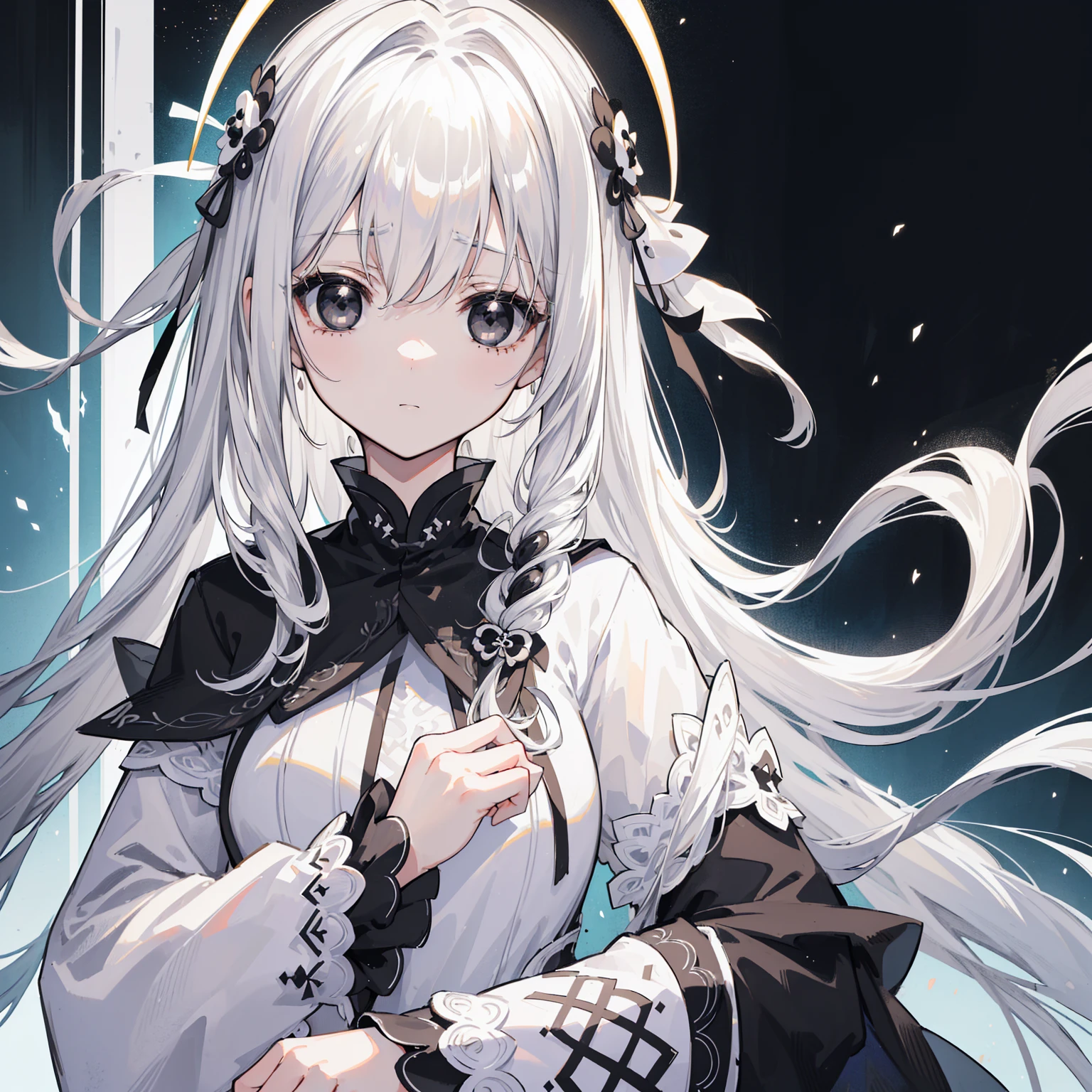 (Top image quality)、(Very detailed)、(Facing forward)、Top quality、masterpiece、(((1 名girl )))、girl、Silver Hair、White hair、((Long hair))、Weaving、(black eyes:1.6)、(White and black cheongsam)、Hooded dress、Lots of decorations、Lots of ribbons、White Ribbon、She looked grim.、Fluffy loose hair、Hanfu