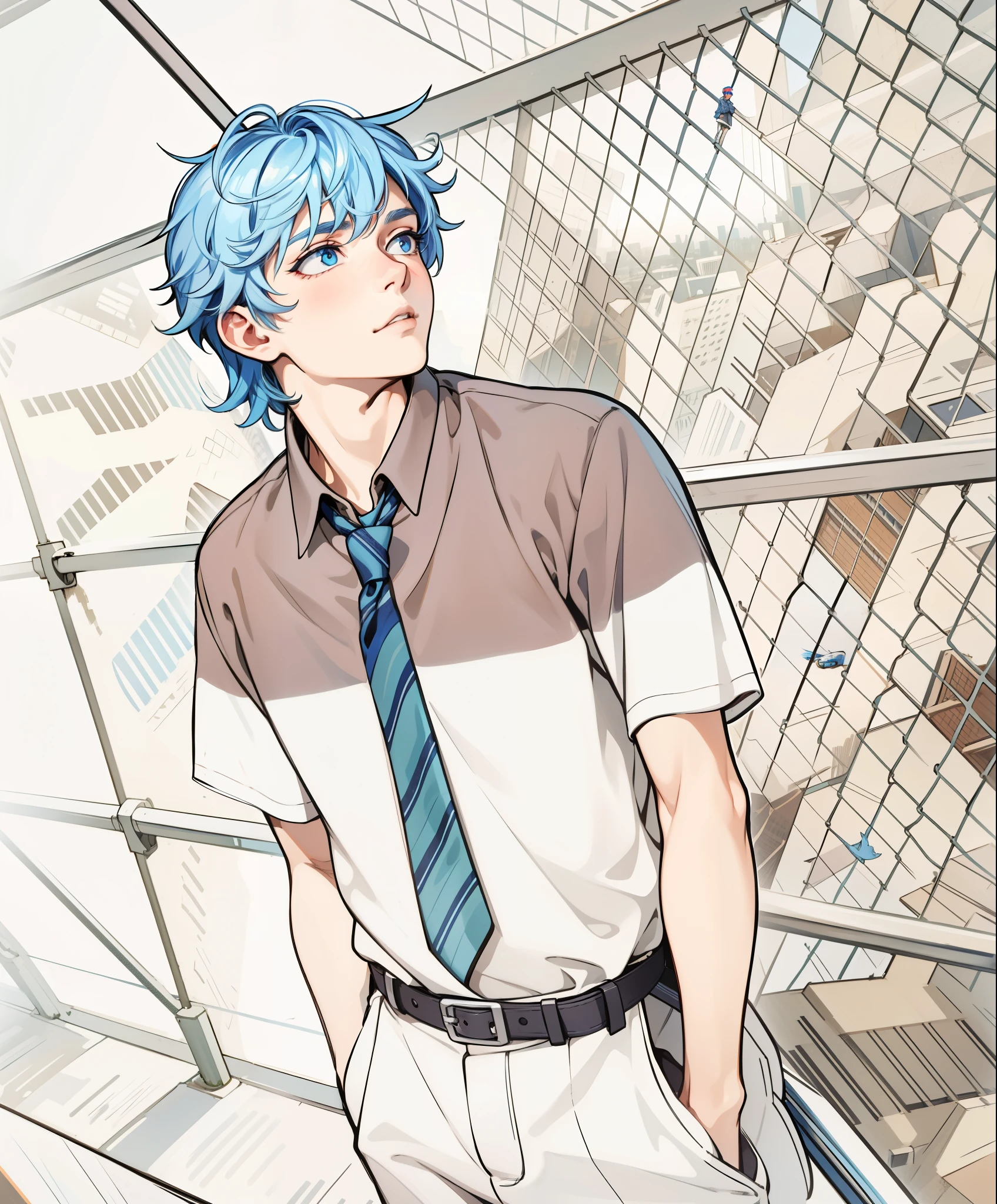 18 year old man in the background there is a city he is on top of his school looking curious and thoughtful the city has blue hair and his eyes are blue