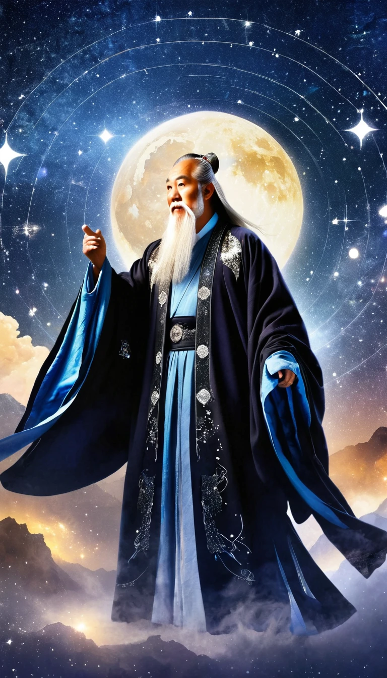 Oriental Fortune Teller，The old immortal on the top of the stars，Elders，White beard and long white eyebrows，（Wear an official hat，Kongming Hat），Black loose hanfu robe，Looking at the stars，Galaxy Tai Chi Bagua Diagram，artistic conception，large quantities of，Runes，Luminescence，Dream
