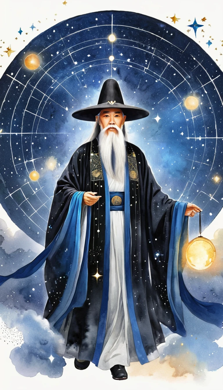 Oriental Fortune Teller，The old immortal on the top of the stars，Elders，White beard and long white eyebrows，（Wear an official hat，Kongming Hat），Black loose hanfu robe，Looking at the stars，Galaxy Tai Chi Bagua Diagram，artistic conception，large quantities of，Runes，Luminescence，Dream
