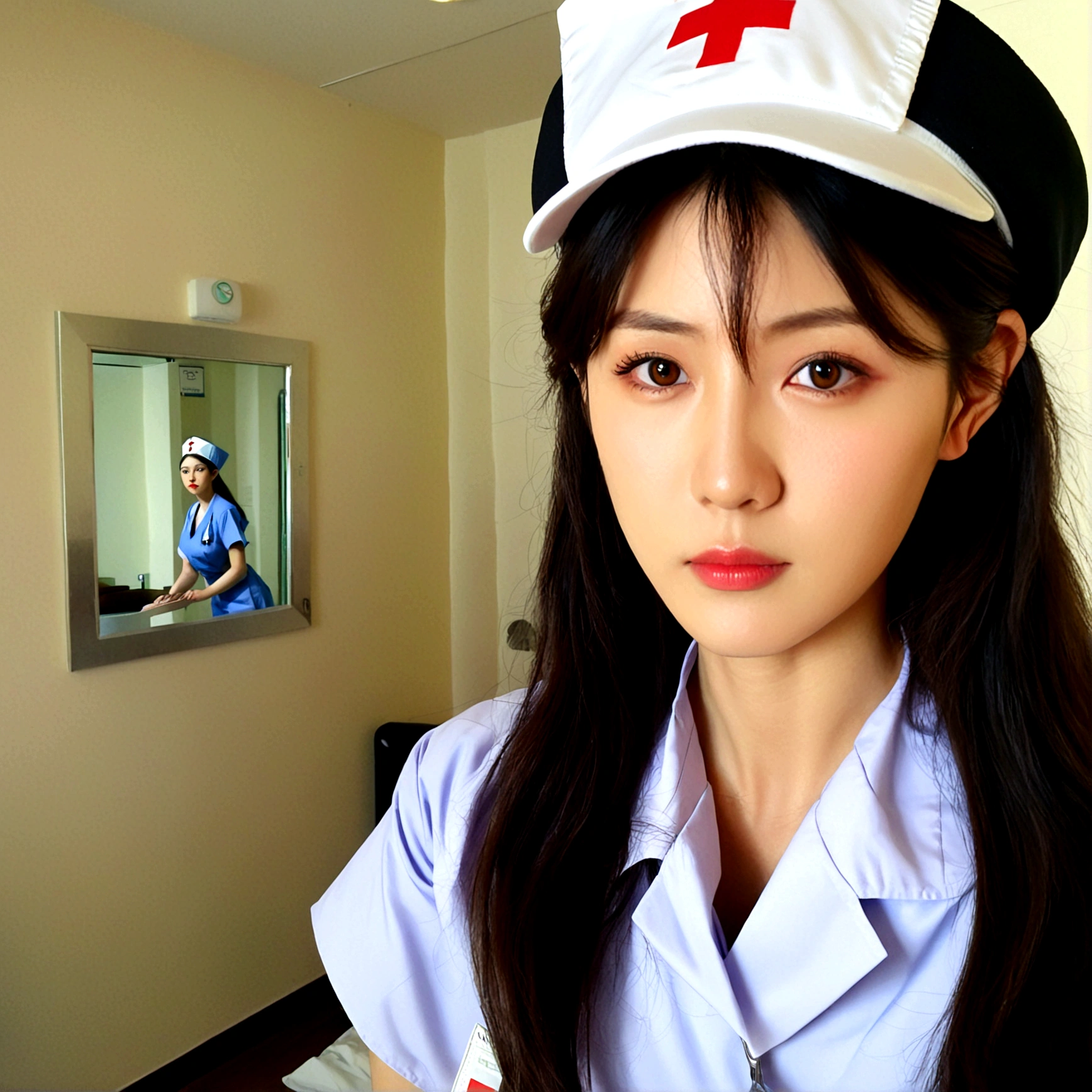 1girl, solo, looking at viewer, brown hair, black hair, 1boy, hat, brown eyes, upper body, male focus, indoors, black eyes, lips, realistic, nurse