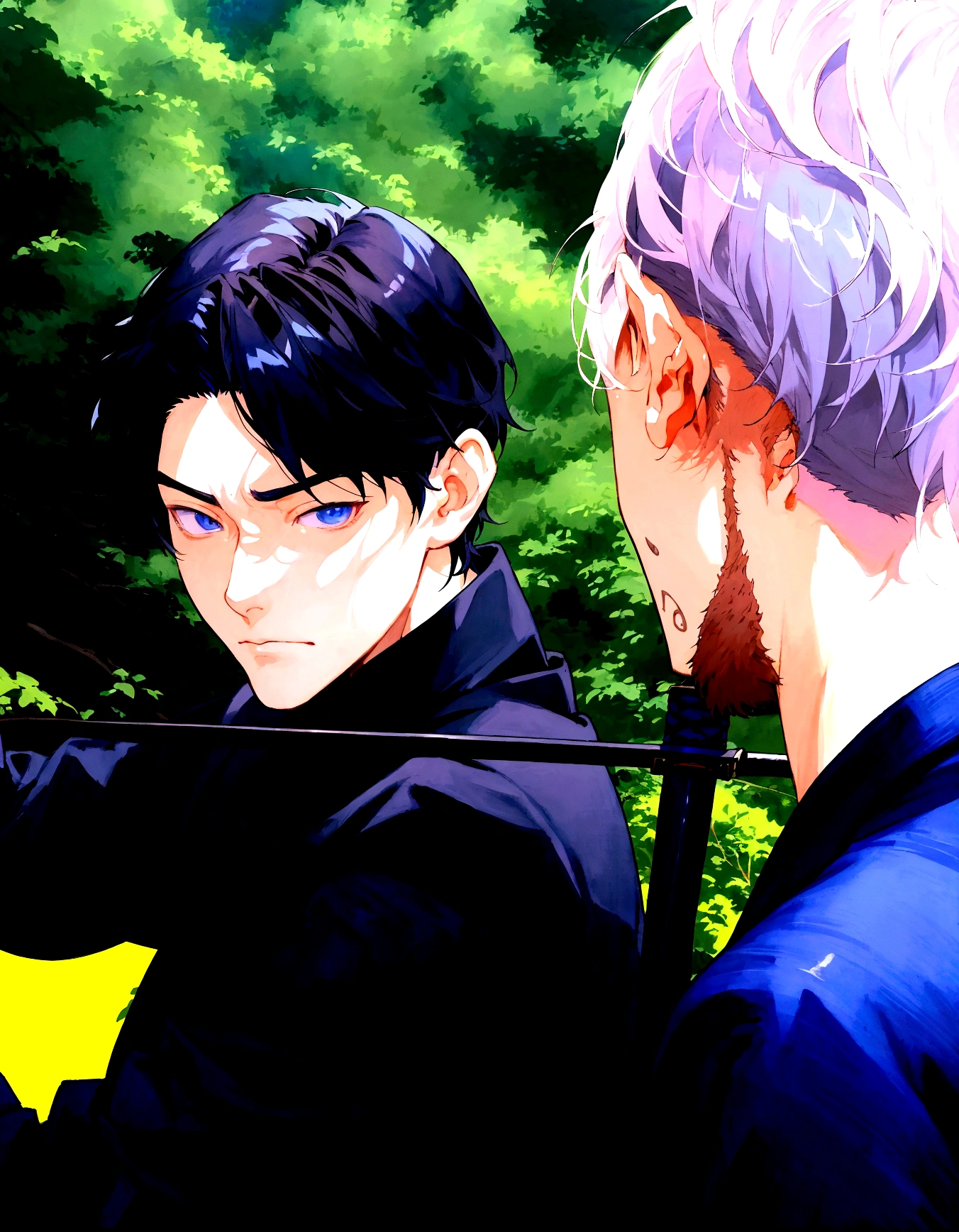 anime image of a man holding a sword and another man with a sword, two handsome anime men, Akehiko Inoue e Ross Tran, official fanart, anime lush john 8k woods, high quality fanart, made with anime painter studio, sakimichan and frank franzzeta, zerochan art