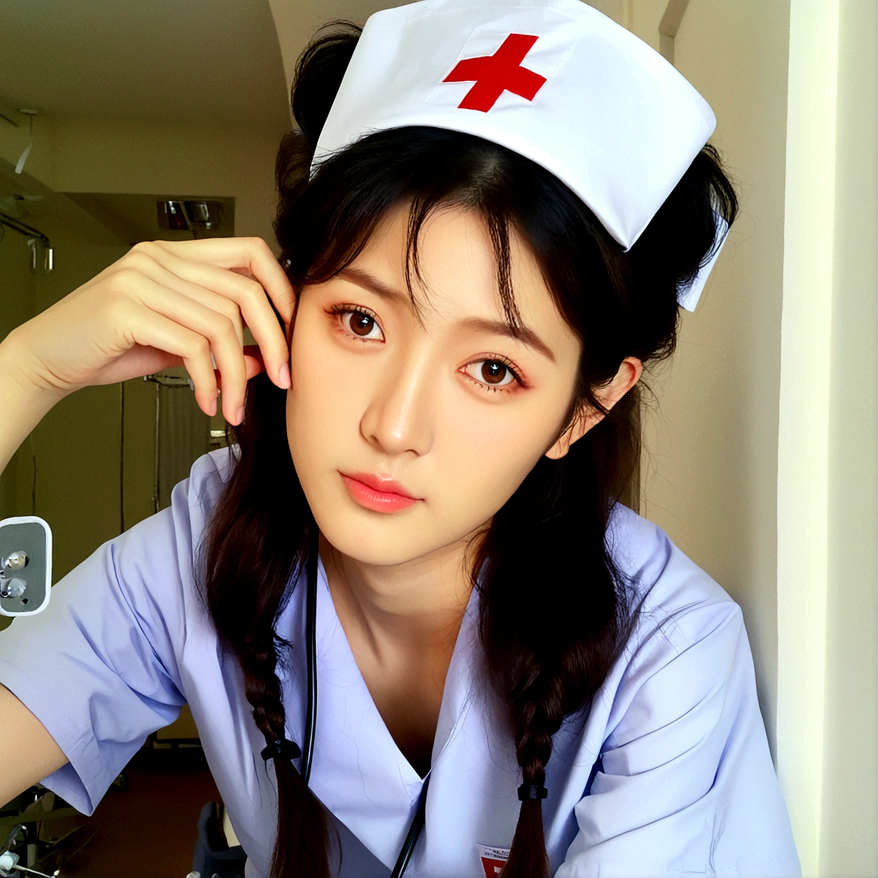 1girl, solo, looking at viewer, brown hair, black hair, 1boy, hat, brown eyes, upper body, male focus, indoors, black eyes, lips, realistic, nurse