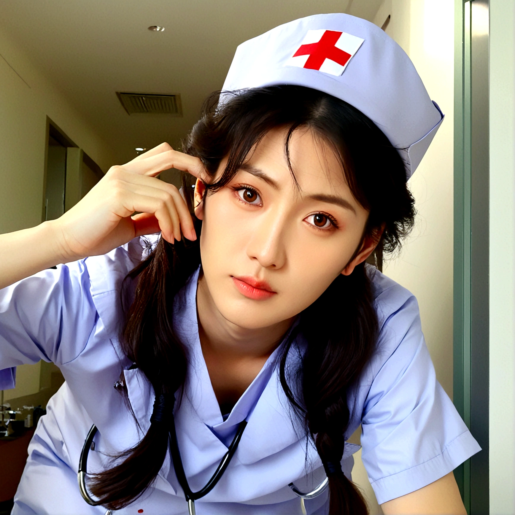 1girl, solo, looking at viewer, brown hair, black hair, 1boy, hat, brown eyes, upper body, male focus, indoors, black eyes, lips, realistic, nurse