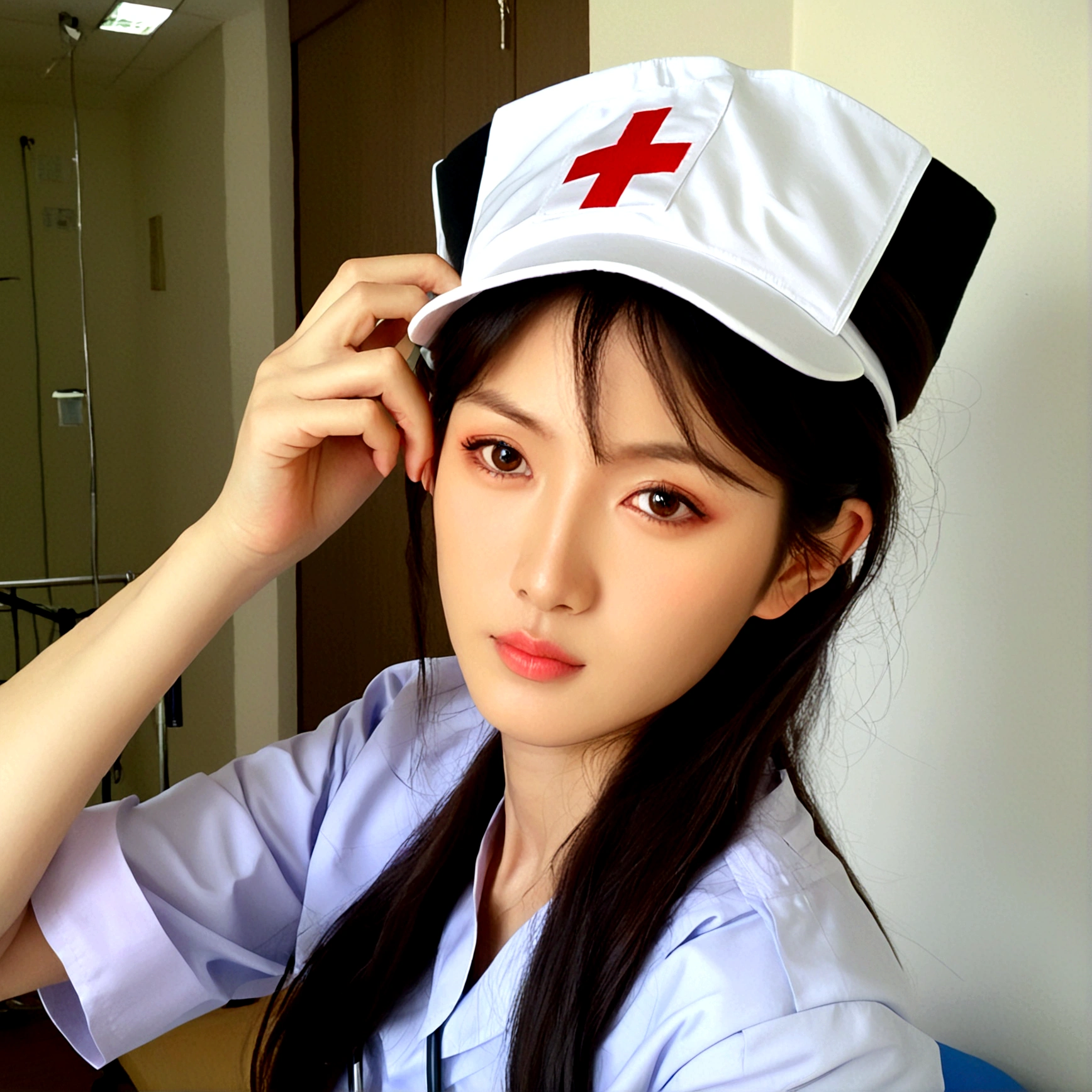 1girl, solo, looking at viewer, brown hair, black hair, 1boy, hat, brown eyes, upper body, male focus, indoors, black eyes, lips, realistic, nurse